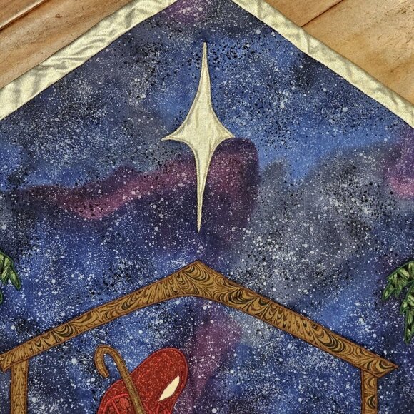 Vintage Handmade Nativity Scene Christmas Quilted Tapestry 21x25 Silver Trim - Picture 4 of 11